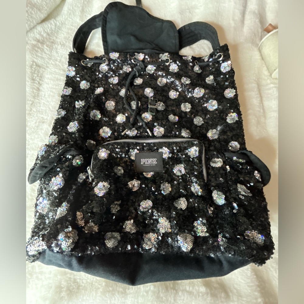 Victoria's Secret PINK BLACK Silver LEOPARD CHEETAH SEQUIN Bling Backpack. - Picture 3 of 16